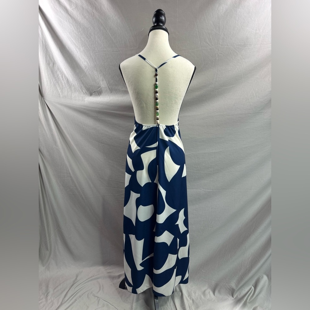 Navy Blue & White Abstract Geometric Maxi Dress | Open Back Beaded Strap - Picture 11 of 12